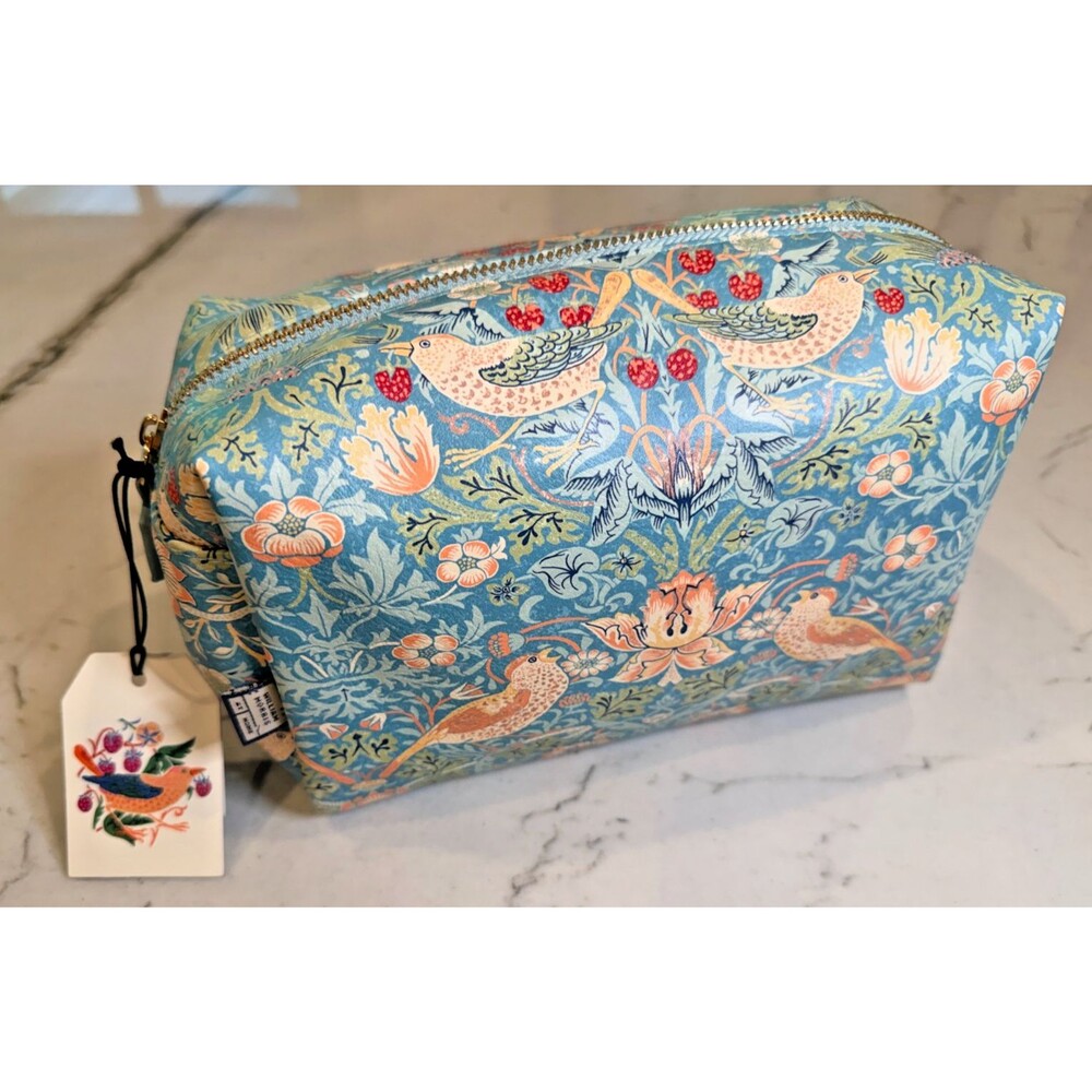 Morris & Co Strawberry Thief Make-up Toiletry Bag Teal Vegan Large Wash Bag 9x6"